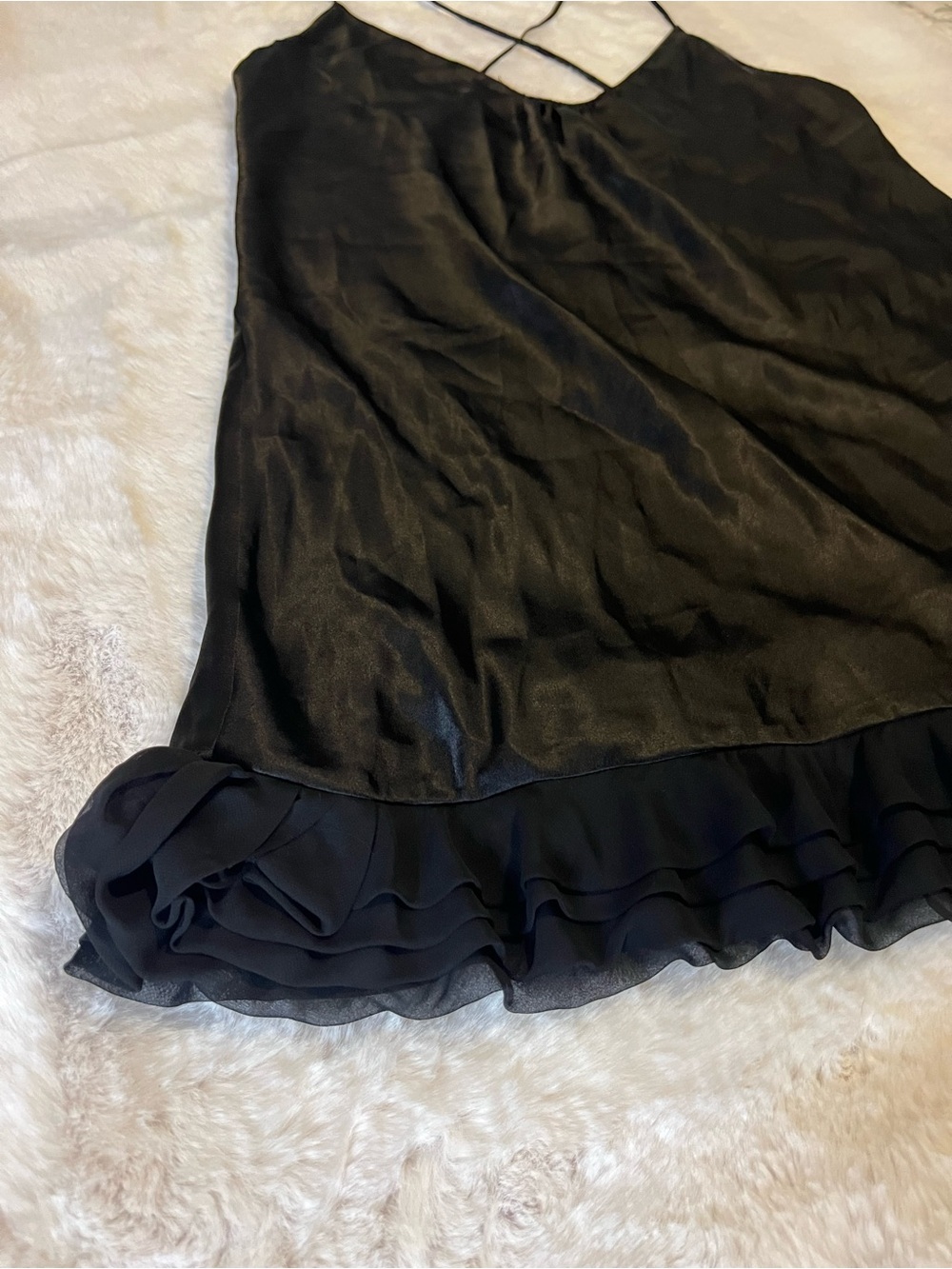 Victoria's Secret Black Satin Chemise with Ruffle Hem